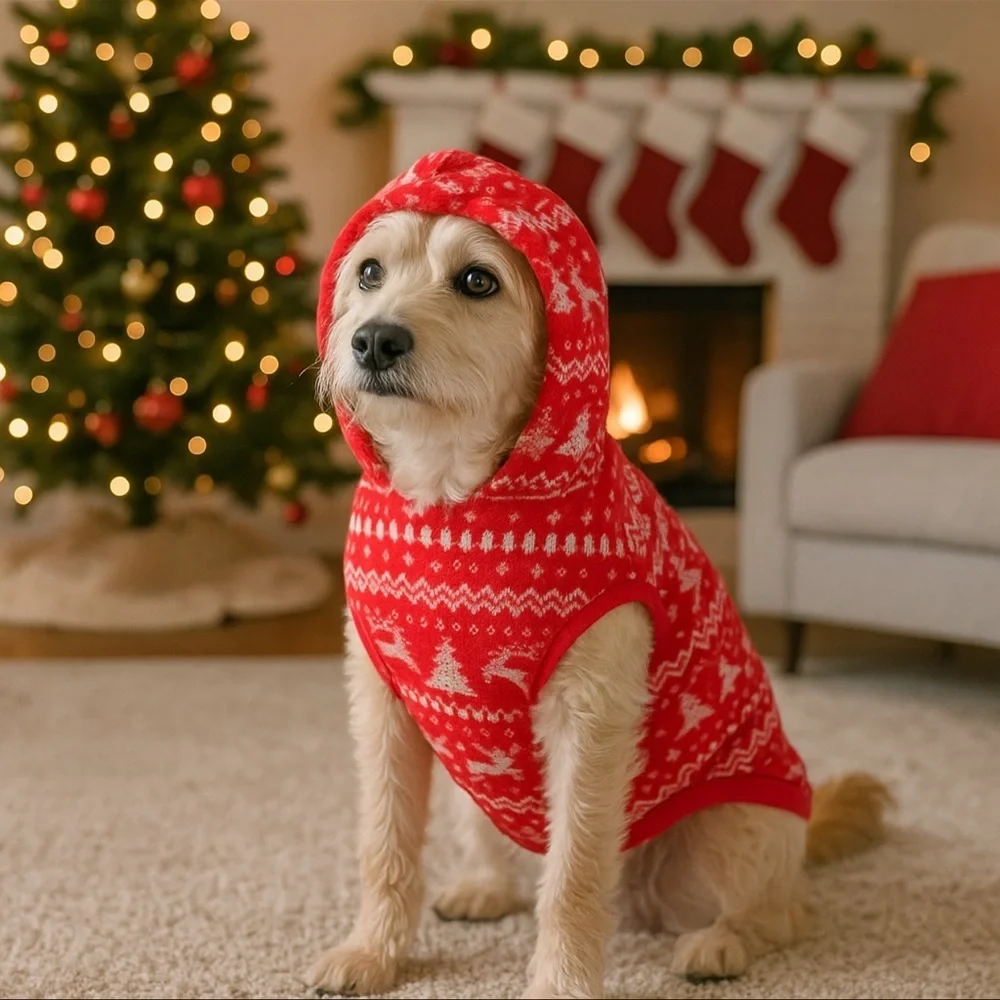 Boots & Barkley Red Fleece Dog Jacket L (9x21) Reindeer Snowflake Hooded